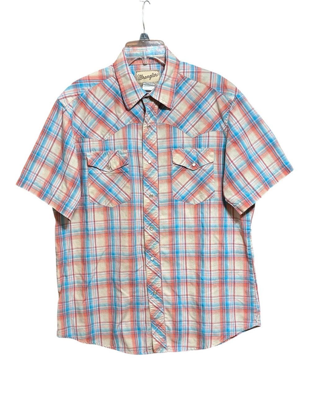Wrangler Men’s Pearl Snap Short Sleeve Plaid Shirt - Blue & Red L